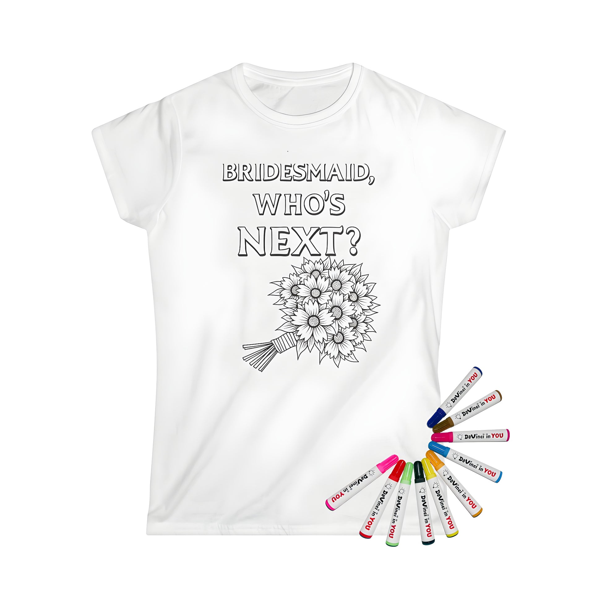 Women's T-shirt with bridesmaid-inspired coloring page design and colorful bouquet