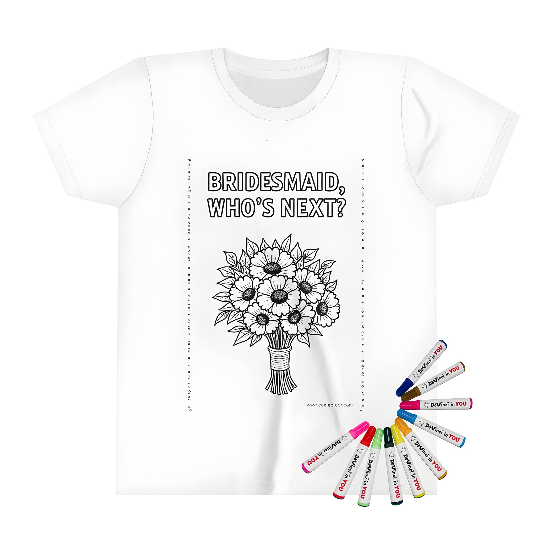 Colorful kid's t-shirt design inspired by a bride's maids, bridesmate, or attendant with a playful bouquet of daisies and the phrase 'BRIDESMAID, WHO'S NEXT?' in bold black letters