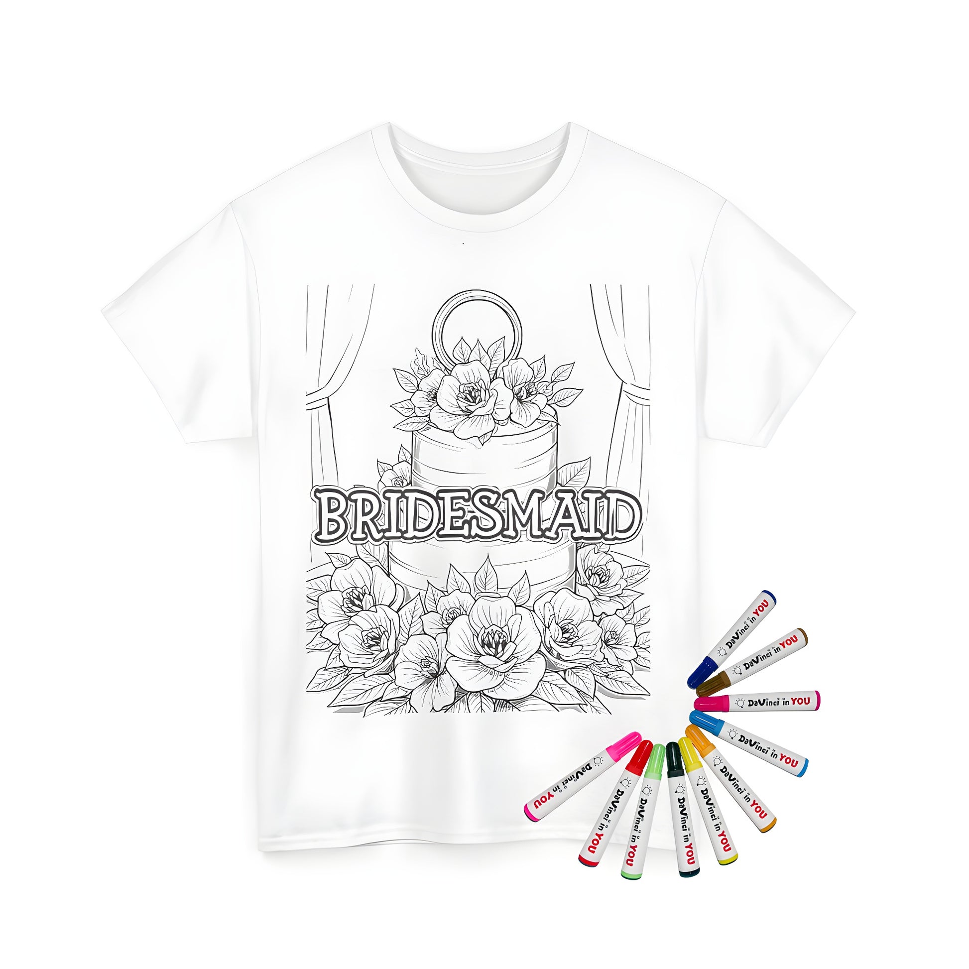 Bridesmaid coloring page design on a unisex t-shirt, featuring a black and white illustration of a wedding cake adorned with flowers, accompanied by the word 'BRIDESMAID' in bold print. Also known as Maid of Honor or Wedding Party apparel.