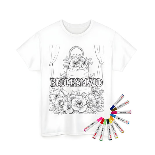 Bridesmaid coloring page design on a unisex t-shirt, featuring a black and white illustration of a wedding cake adorned with flowers, accompanied by the word 'BRIDESMAID' in bold print. Also known as Maid of Honor or Wedding Party apparel.