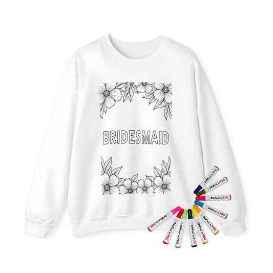 Adult Sweatshirt with bridesmaid design featuring floral patterns and coloring page art, perfect for wedding guests or bride-to-be