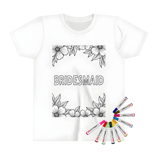 Kid's T-shirt featuring a black and white bridesmaids design surrounded by decorative floral patterns