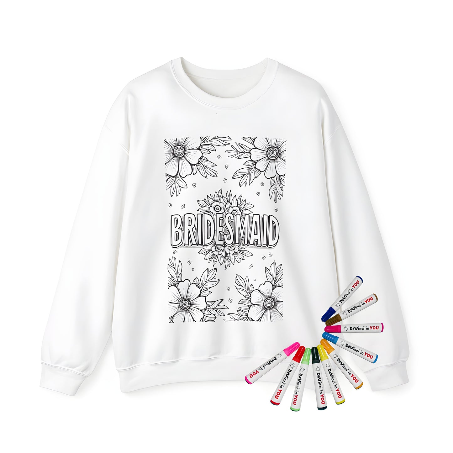 Adult sweatshirt featuring a black and white floral illustration with bold 'BRIDESMAID' design, perfect for coloring