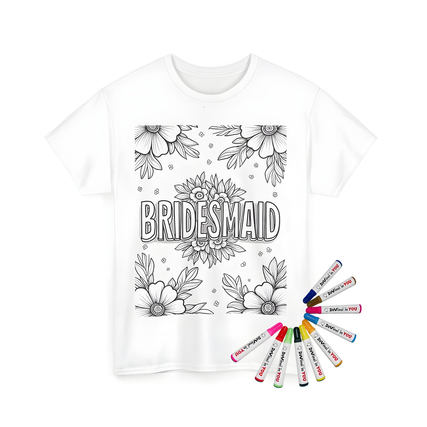 Unisex T-shirt with Black and white floral illustration and bold 'BRIDESMAID' design