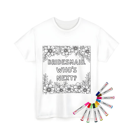 Unisex t-shirt featuring a fun and colorful bridesmaid proposal design with floral borders and bold text