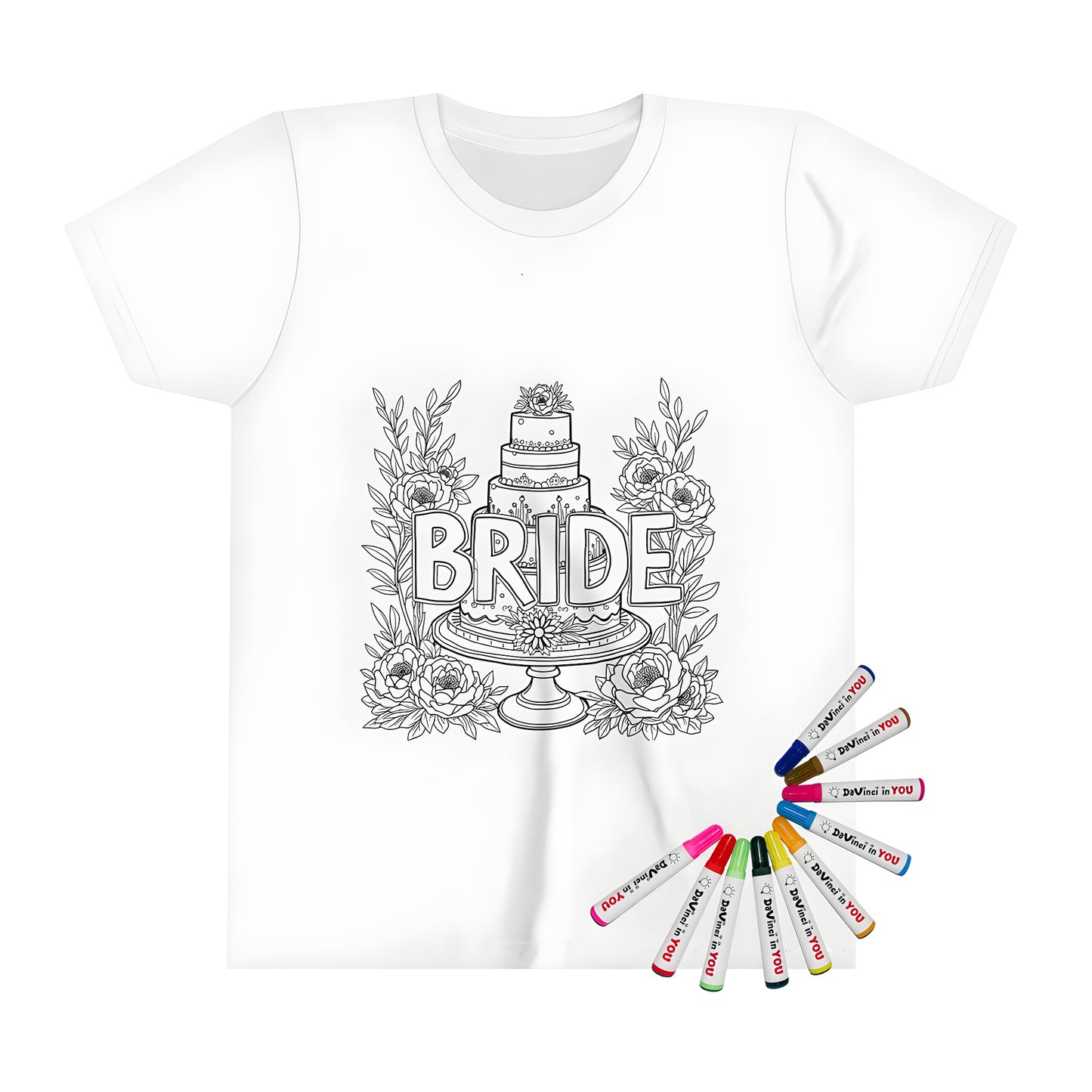 Wedding-themed coloring page t-shirt with bride cake design, perfect for kids