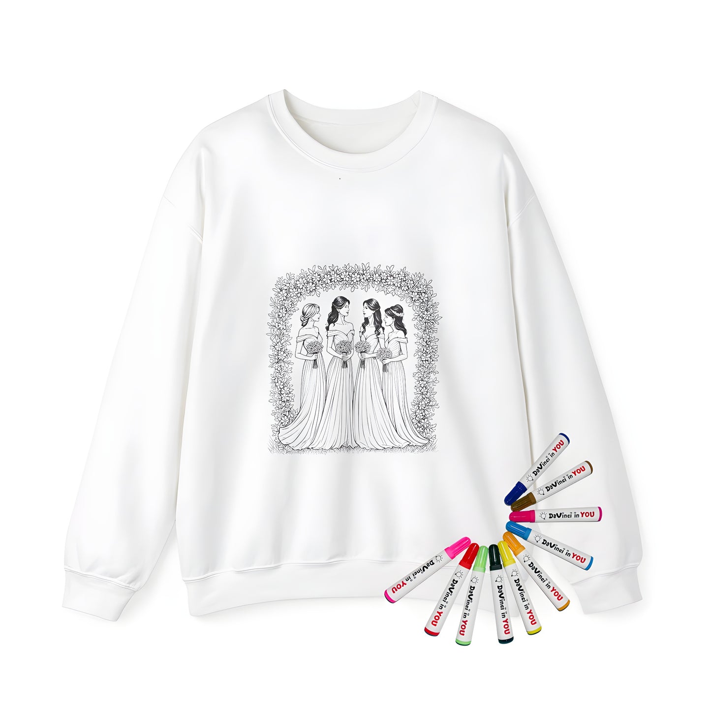 Adult sweatshirt featuring a colorful bridesmaid design with flowing gowns, bouquets, and a floral arch