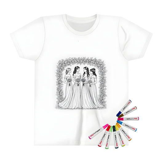 Kid's T-shirt with beautiful bridesmaid coloring page design. Four lovely attendants in elegant gowns holding bouquets under a floral arch.