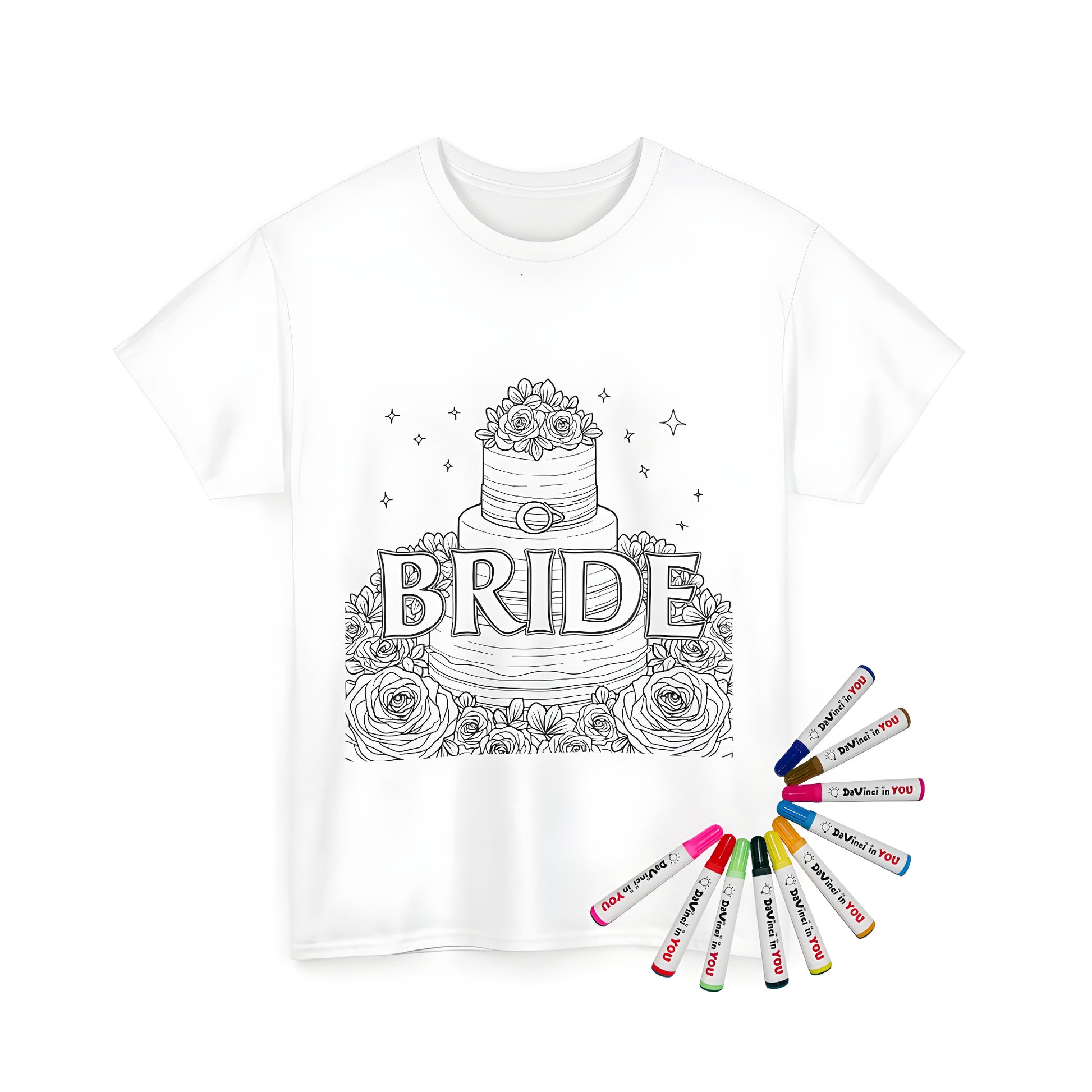 Unisex t-shirt featuring a coloring page design of a wedding cake with bride-to-be, sweetheart, lady of the day, groom's queen, future wife, and Mrs. Smith cake design