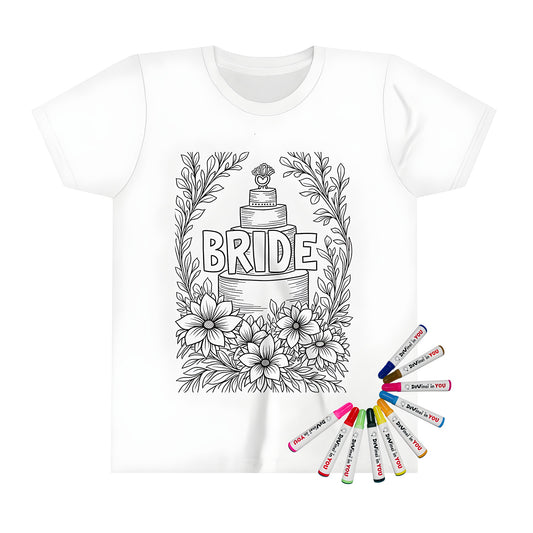 Kid's T-shirt with wedding theme coloring page design featuring bride and cake illustrations