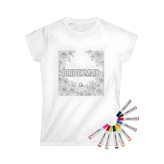 Women's bridesmaid-themed t-shirt for adult women featuring line art illustration of roses, cake and 'BRIDESMAID' written in elegant script. Perfect accessory for bridal showers, wedding receptions or special occasions.