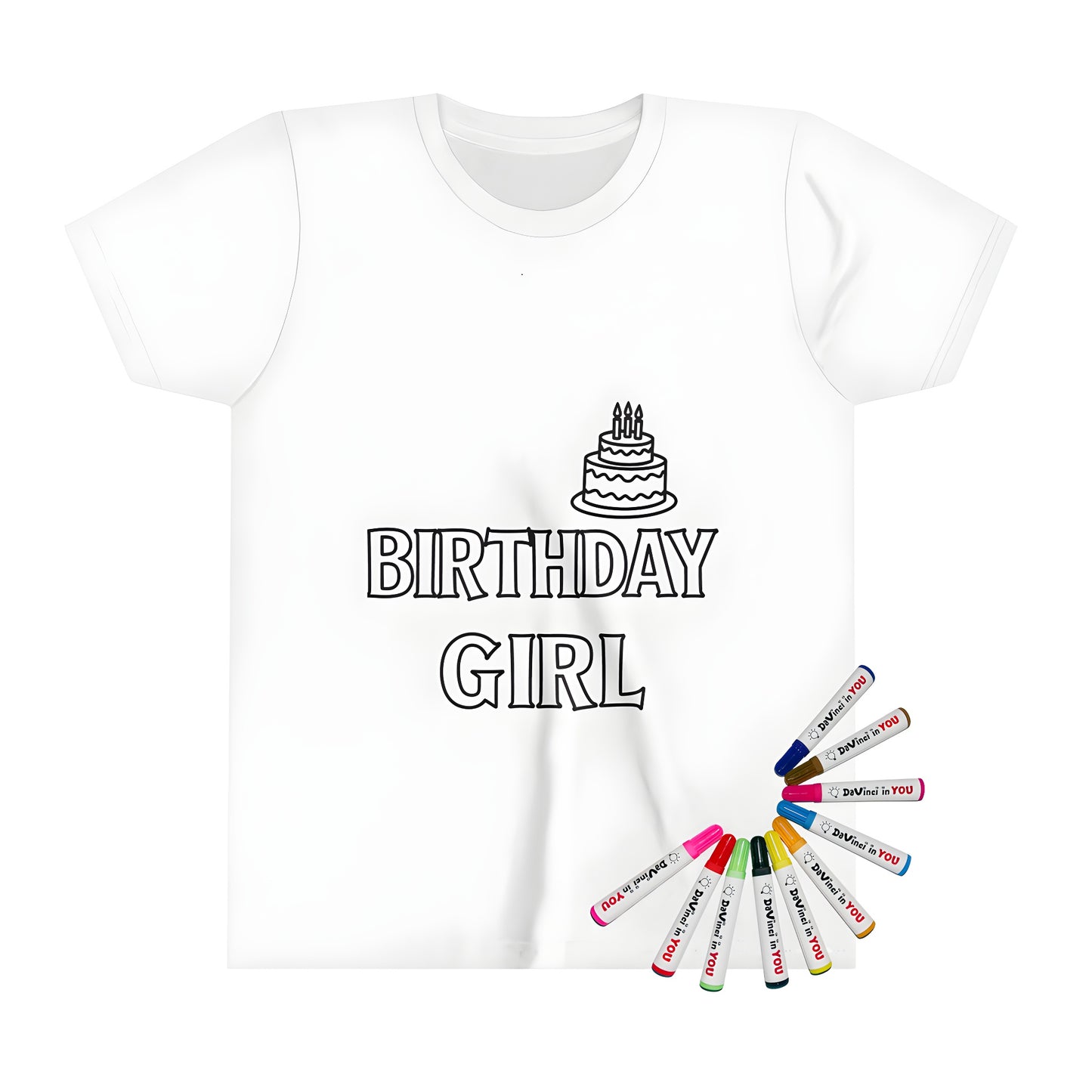 Birthday girl t-shirt for kids, coloring page design featuring a black and white birthday greeting with 'BIRTHDAY GIRL' text and a birthday cake illustration on top