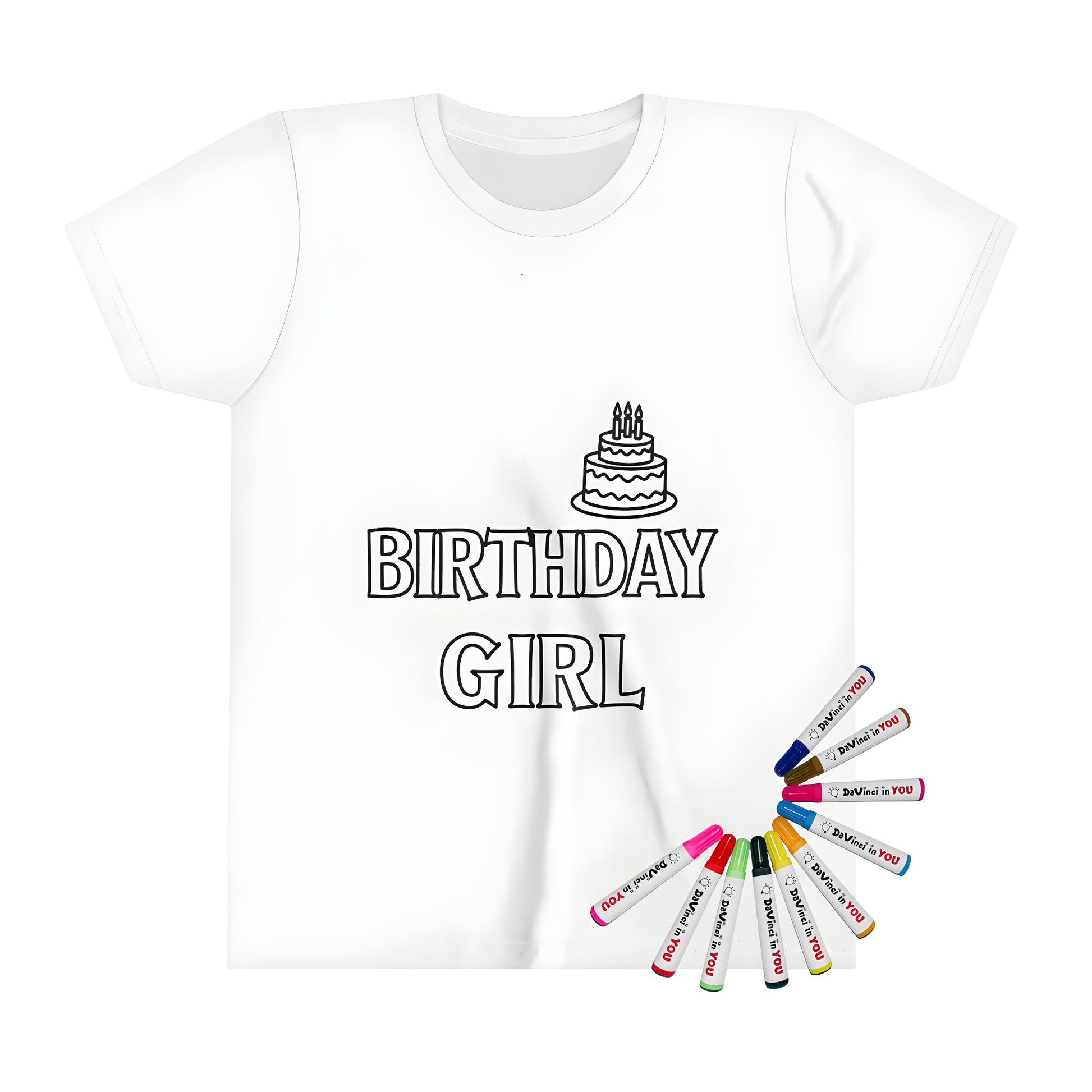 Birthday girl t-shirt for kids, coloring page design featuring a black and white birthday greeting with 'BIRTHDAY GIRL' text and a birthday cake illustration on top