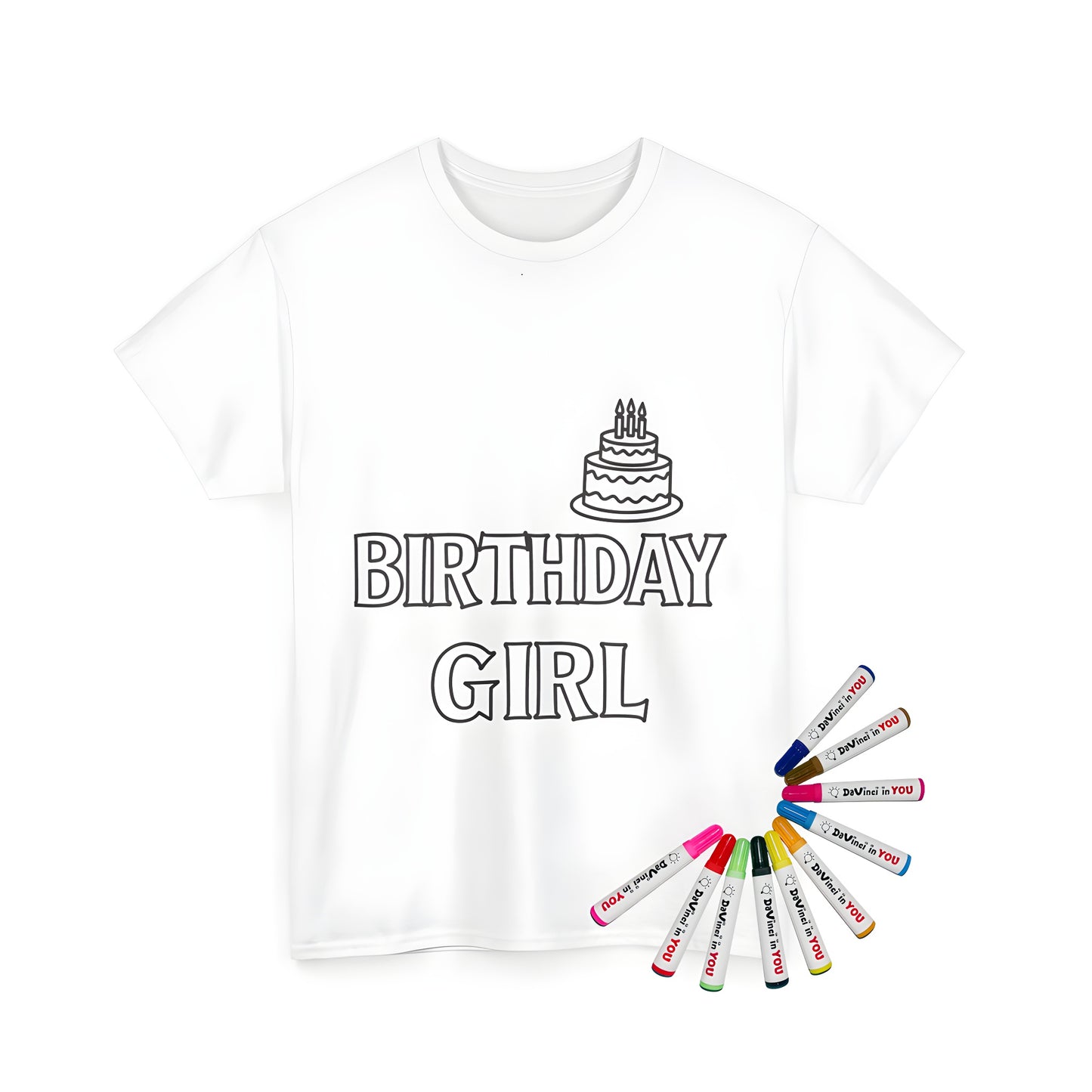 Birthday girl unisex t-shirt with coloring page design, black and white birthday greeting and illustration of birthday cake