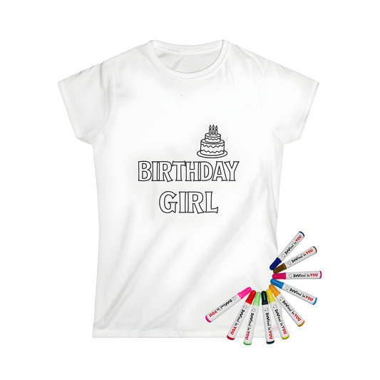 Birthday Party T-Shirt for Girls, Unique Gift Idea - Black and White Coloring Page Design with Birthday Cake and 'BIRTHDAY GIRL' Text