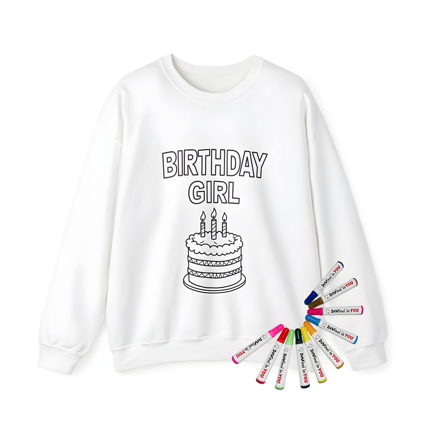 Birthday Women's Sweatshirt with fun adult coloring kit and 10 vibrant fabric markers for a unique gift idea. Features Simple line drawing of a birthday cake with three candles and 'BIRTHDAY WOMAN' or Birthday Lady design.