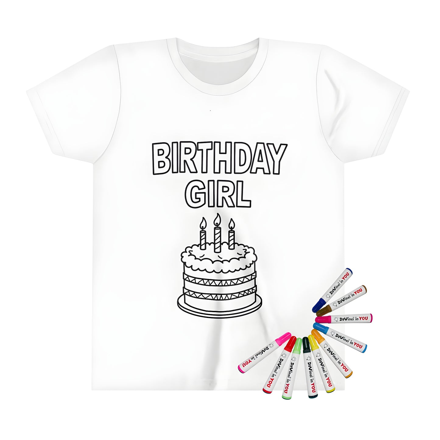 Girl's birthday tshirt with colorful cake design and markers