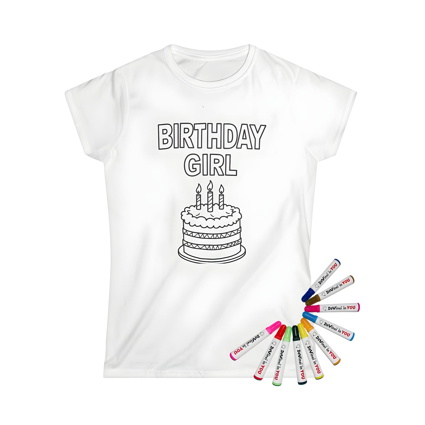 Birthday themed women's t-shirt for kids and adults - Simple line drawing of a birthday cake with candles and 'BIRTHDAY GIRL' text