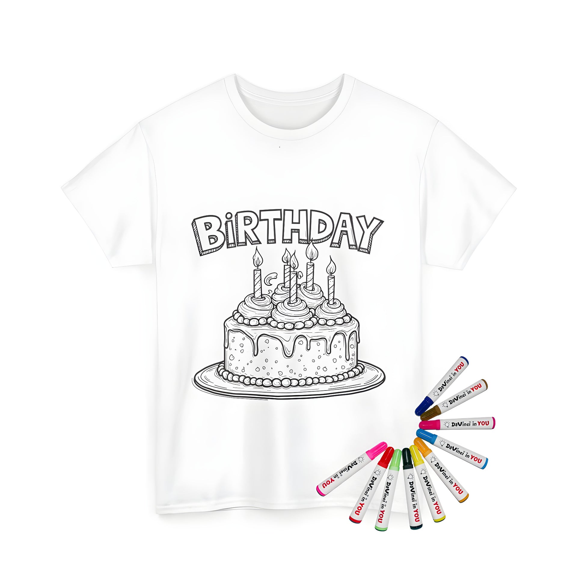 Birthday party themed t-shirt featuring a colorful cake design