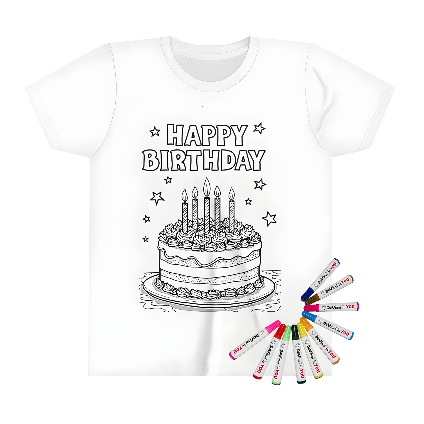 Kid's birthday t-shirt with a fun black and white cake design featuring candles and 'Happy Birthday' writing on a colorful background