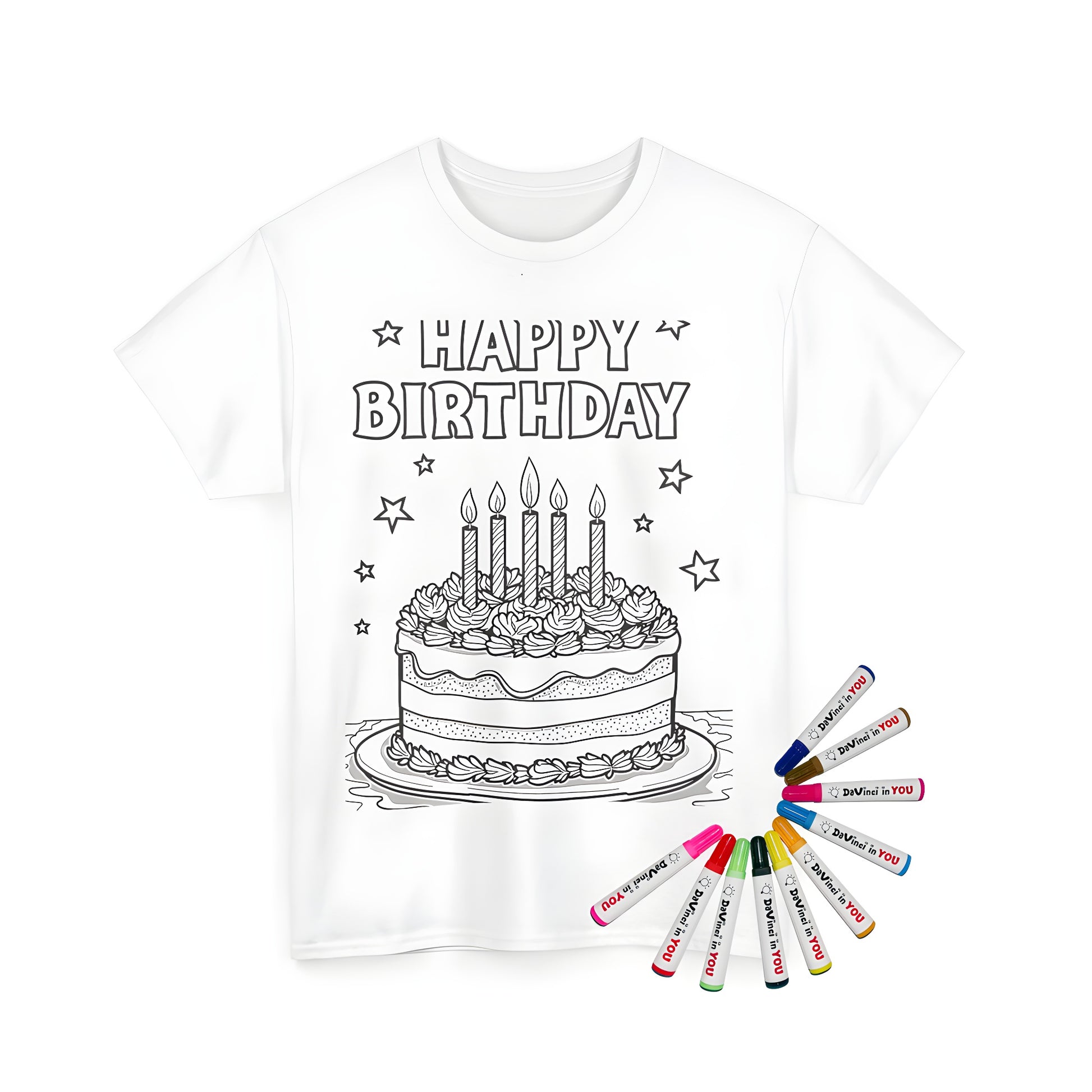 Coloring kit for birthday celebration, featuring a black and white illustration of a cake with candles, surrounded by stars, printed on a unisex t-shirt