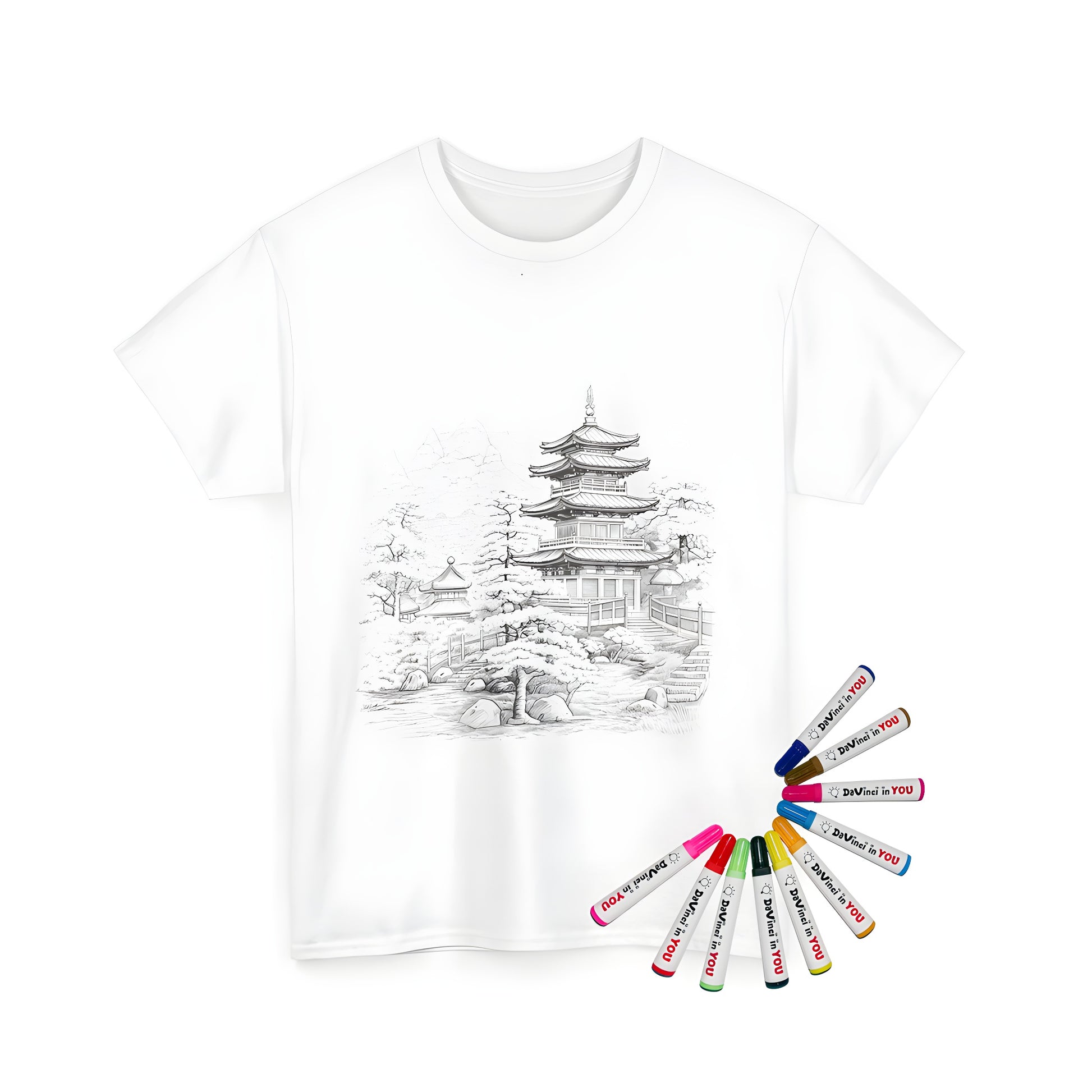 Coloring kit for unisex t-shirts featuring traditional Japanese pagodas, temples, and gardens designs with fabric markers. Includes 10 vibrant colors.