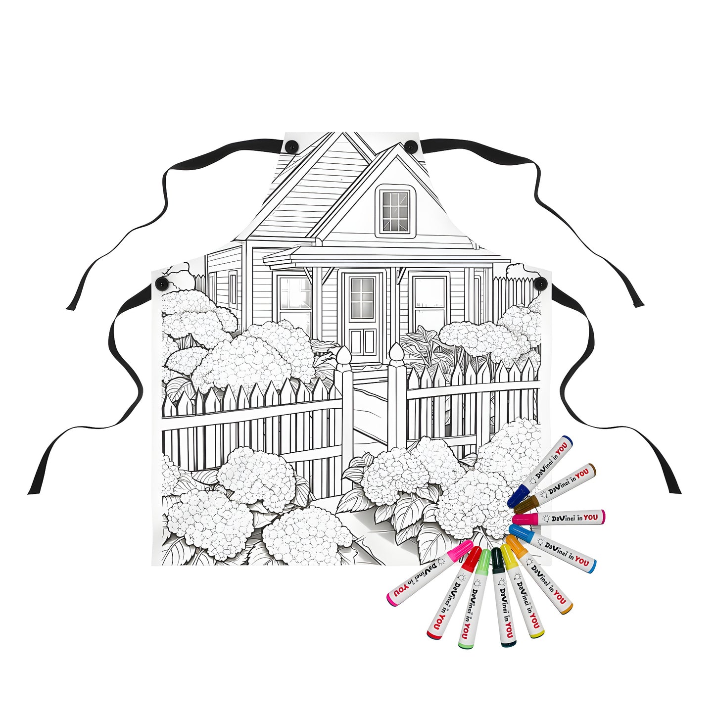 Cottage-themed apron for adults featuring a whimsical black and white coloring page design with a picket fence and flower bushes