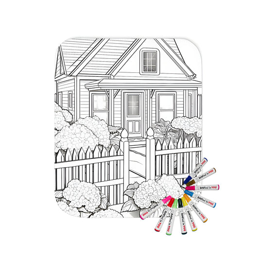 Cozy blanket with cottage-inspired design featuring a black and white coloring page of a charming country-style house with a picket fence and flower bushes in the front yard, perfect for a rustic or farmhouse-themed bedroom or living room