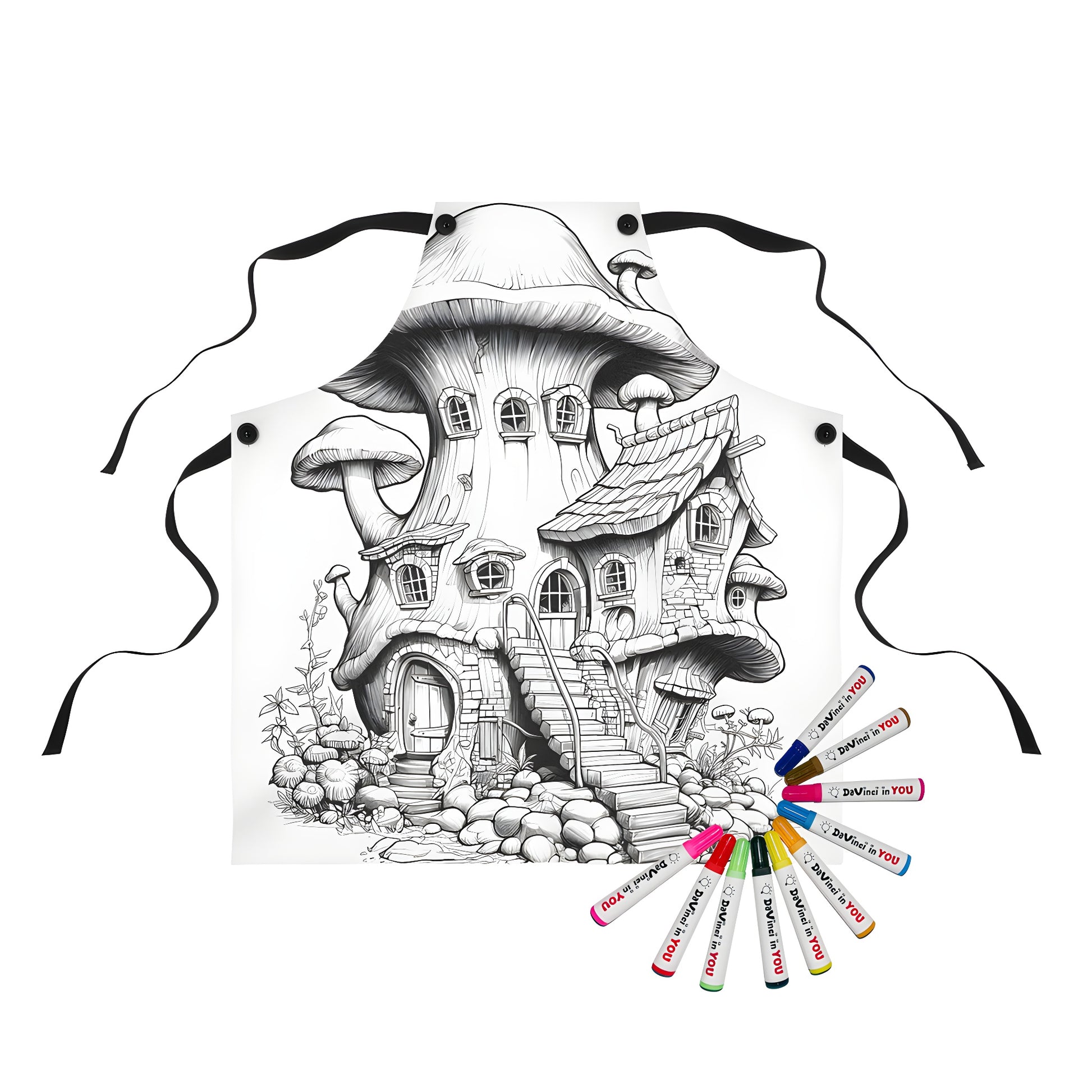 Coloring apron featuring whimsical fungus house artwork