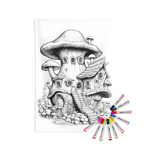 Fantasy fungus mansion wall hanging, indoor wall tapestries with magical mushroom home, whimsical fungi abode