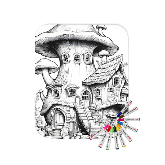 Whimsical blanket featuring a magical forest scene with a fantasy mushroom house design, perfect for relaxation and imagination.