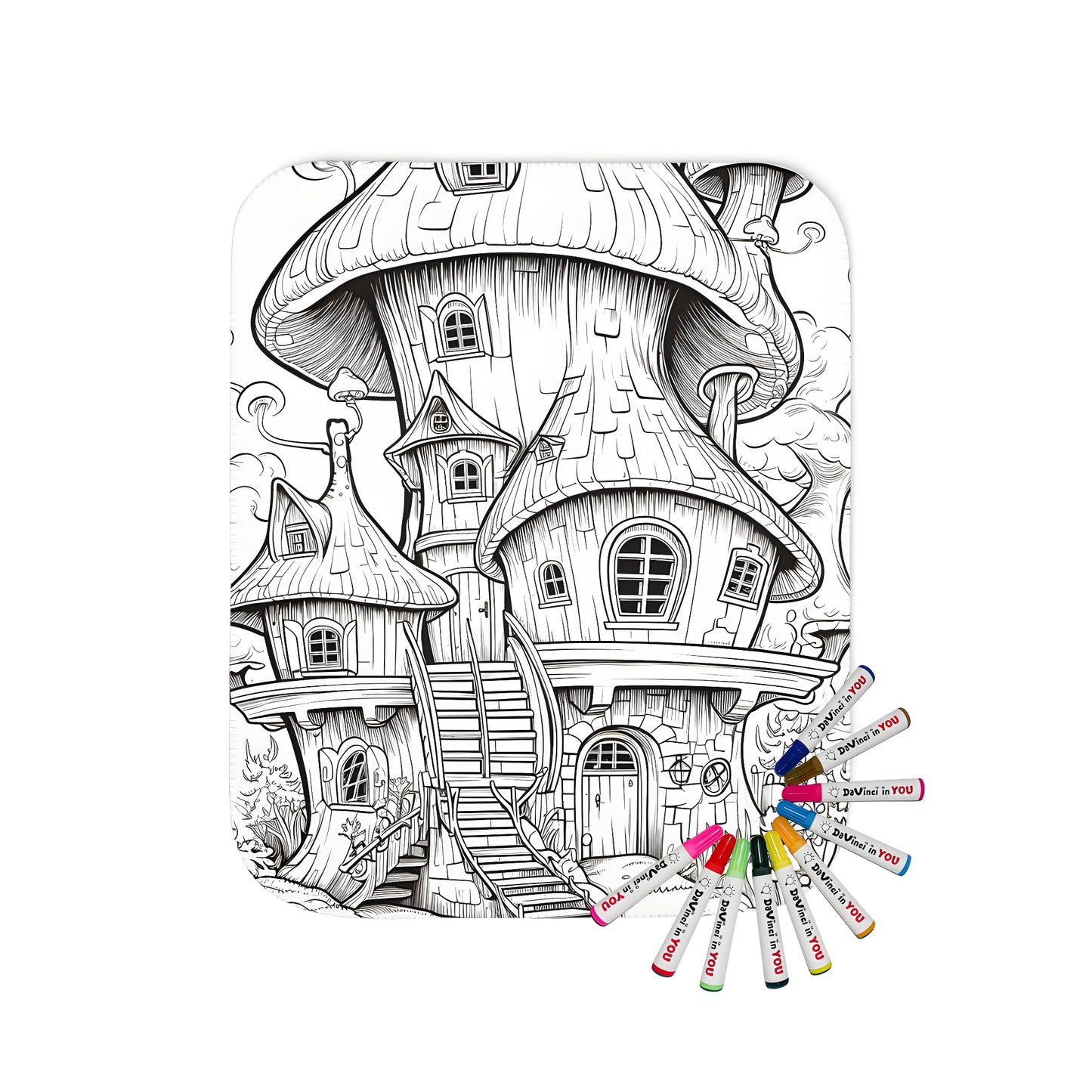 Intricately detailed mushroom house blanket with whimsical features and stairs