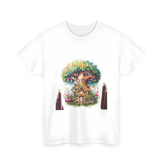 Colorful whimsical illustration of a fantasy treehouse on a unisex t-shirt