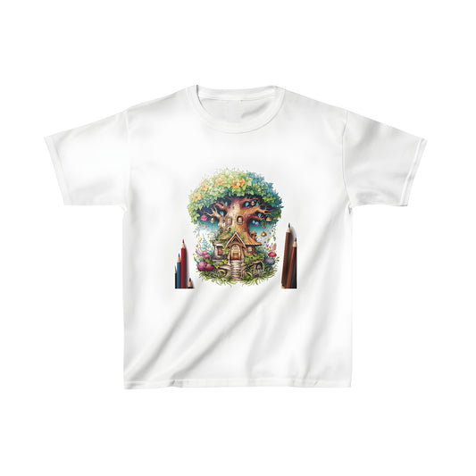 Colorful kid's t-shirt featuring a whimsical treehouse design with flowers and mushrooms, perfect for kids who love adventure and imagination.