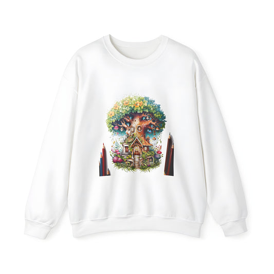 Colorful fantasy treehouse illustration Adult sweatshirt with whimsical details