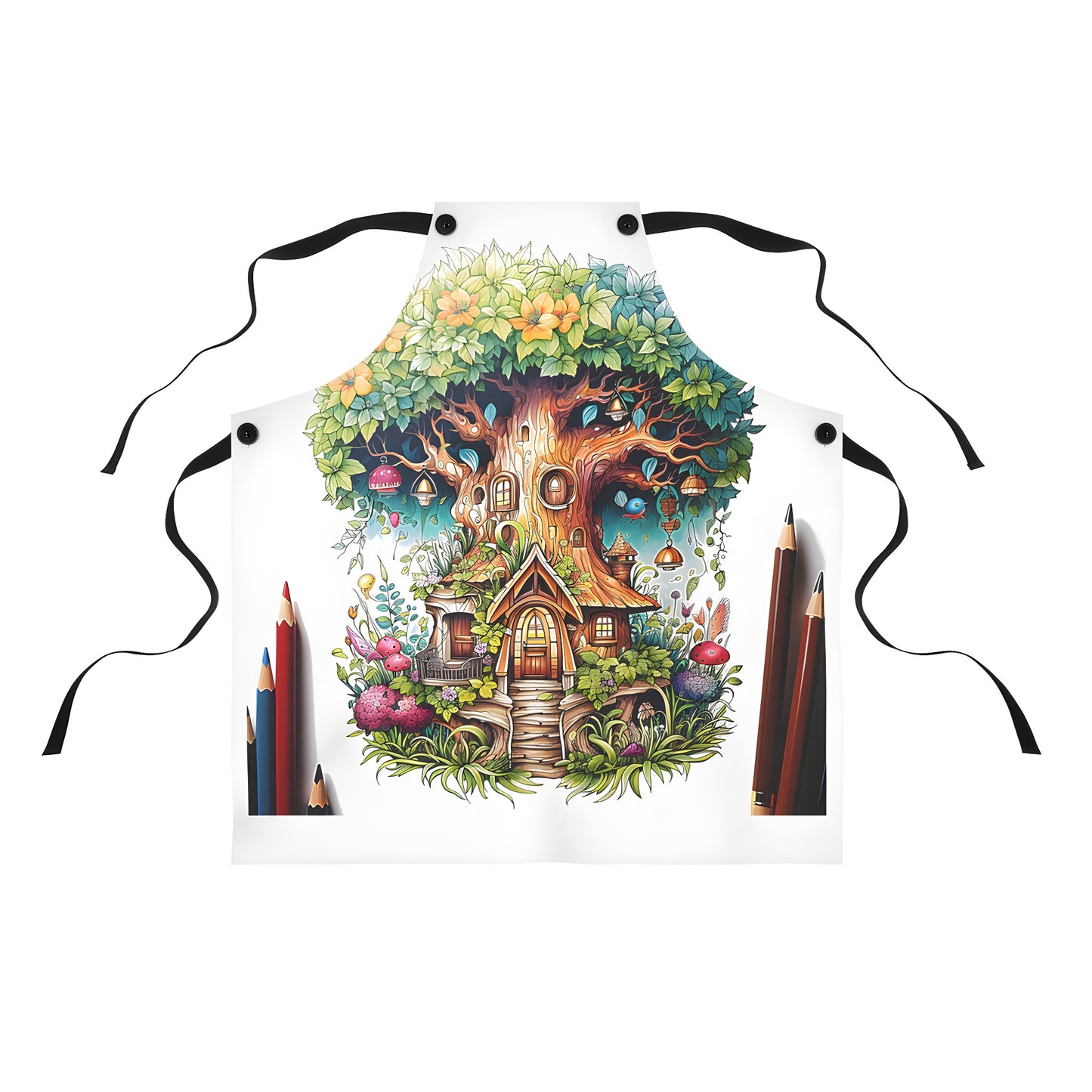 Colorful apron with whimsical fantasy tree house design featuring flowers, mushrooms, and surrounded by colored pencils