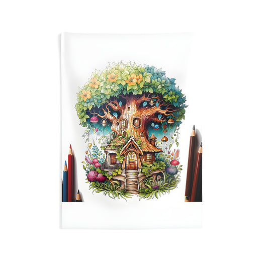 Colorful Indoor Wall Tapestry featuring an enchanted treehouse scene with flowers and mushrooms