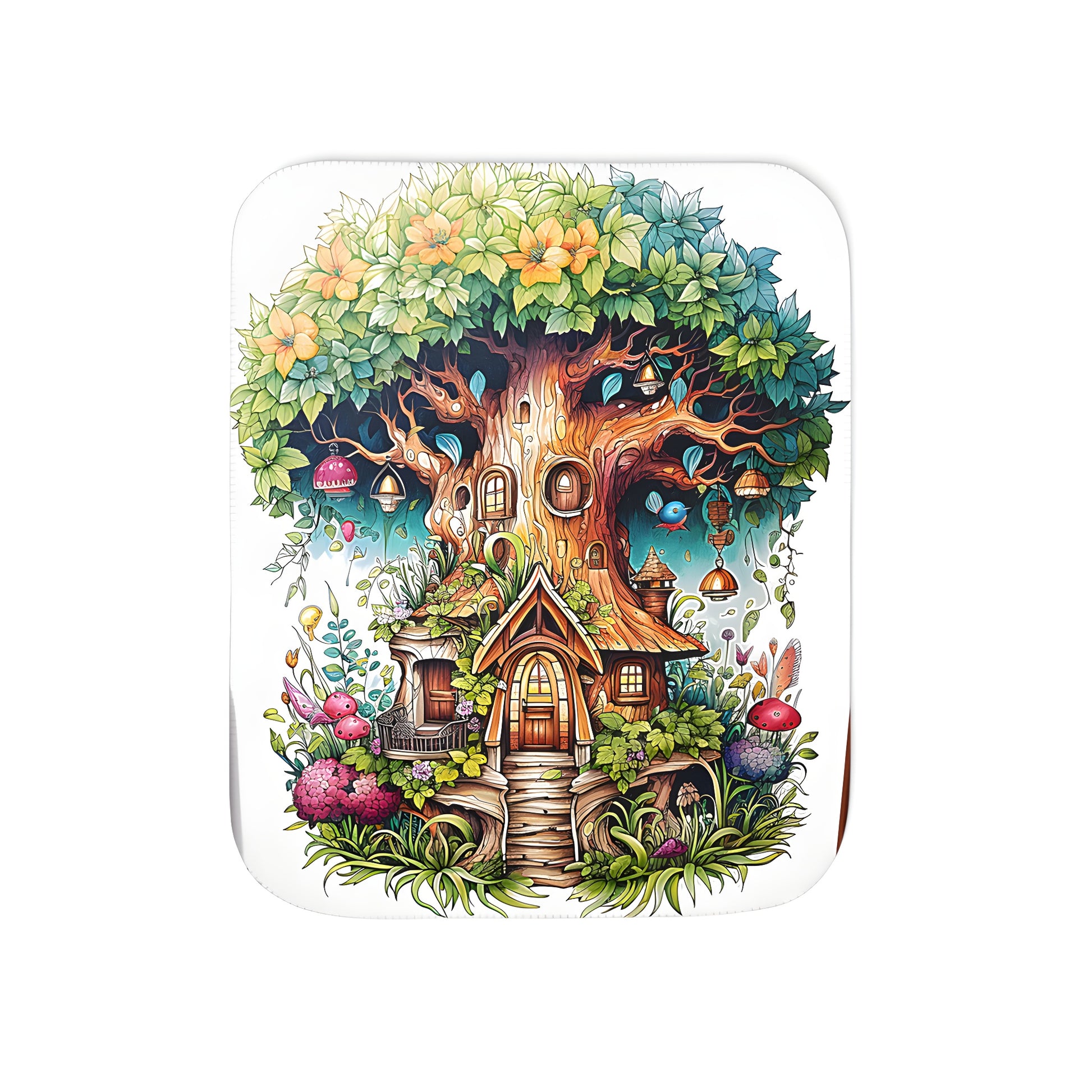 Cozy blanket with whimsical illustration of a treehouse, featuring colorful flowers and mushrooms