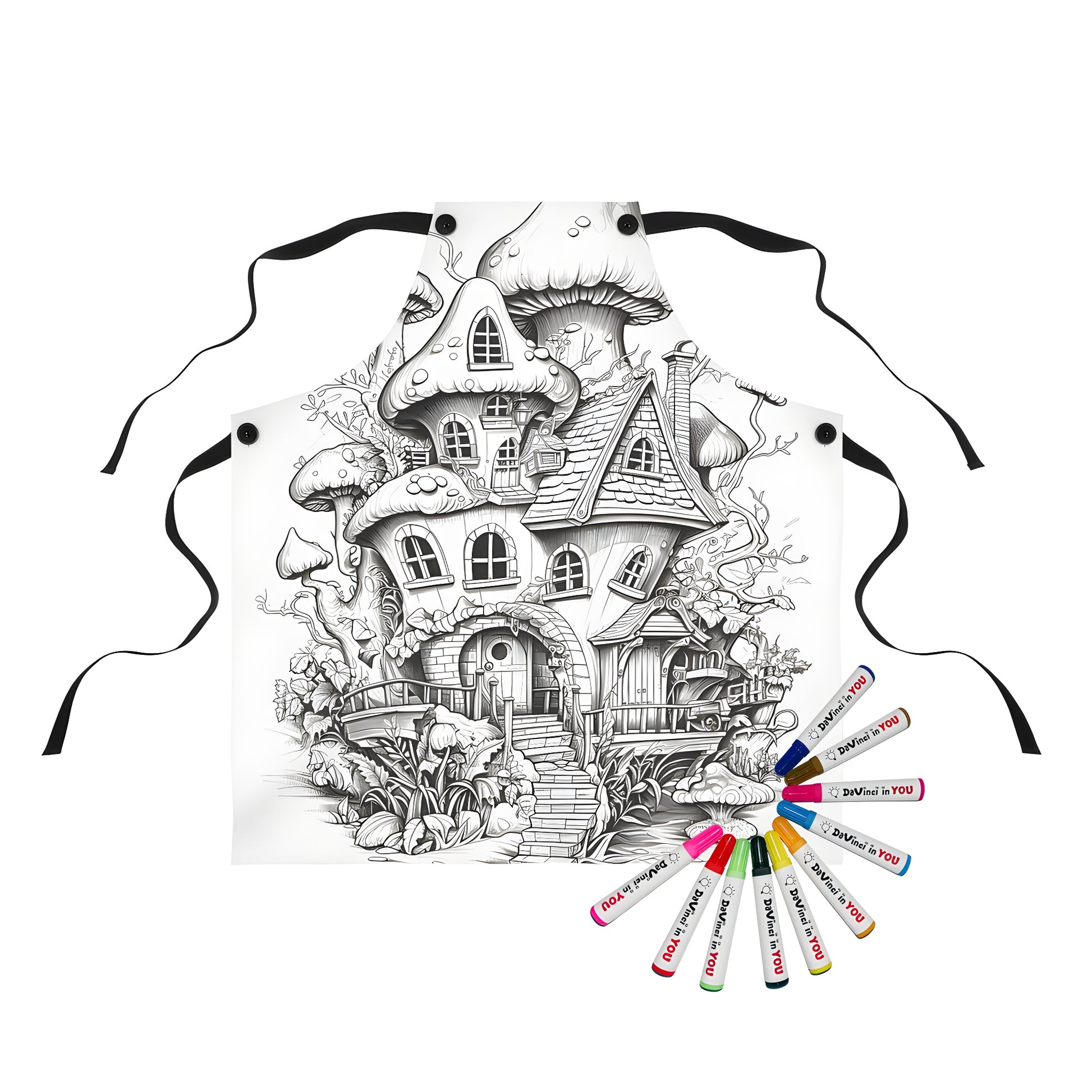 Whimsical apron featuring a detailed black and white drawing of a house with a mushroom-shaped roof, surrounded by lush plants and stairs leading up to the door. Also known as: Fungi House, Toadstool Home, Cap House