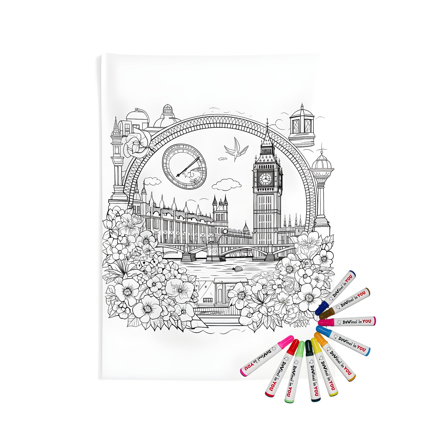 Indoor wall tapestry featuring a line drawing of London's iconic landmark, The Houses of Parliament, alongside Big Ben clock tower, with a bridge over a serene river scene surrounded by vibrant flowers