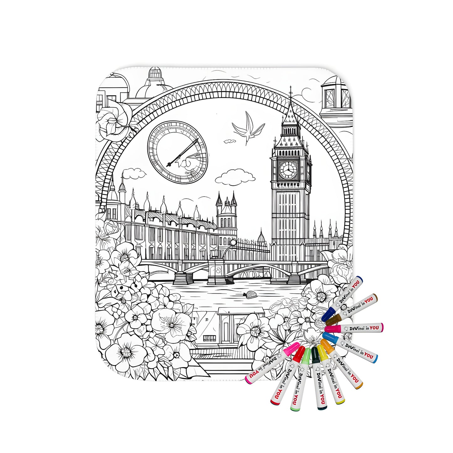 Blanket featuring a line drawing of the iconic Elizabeth Tower (also known as Big Ben) and the Houses of Parliament in London, with a bridge over a river and surrounded by flowers and architectural details.