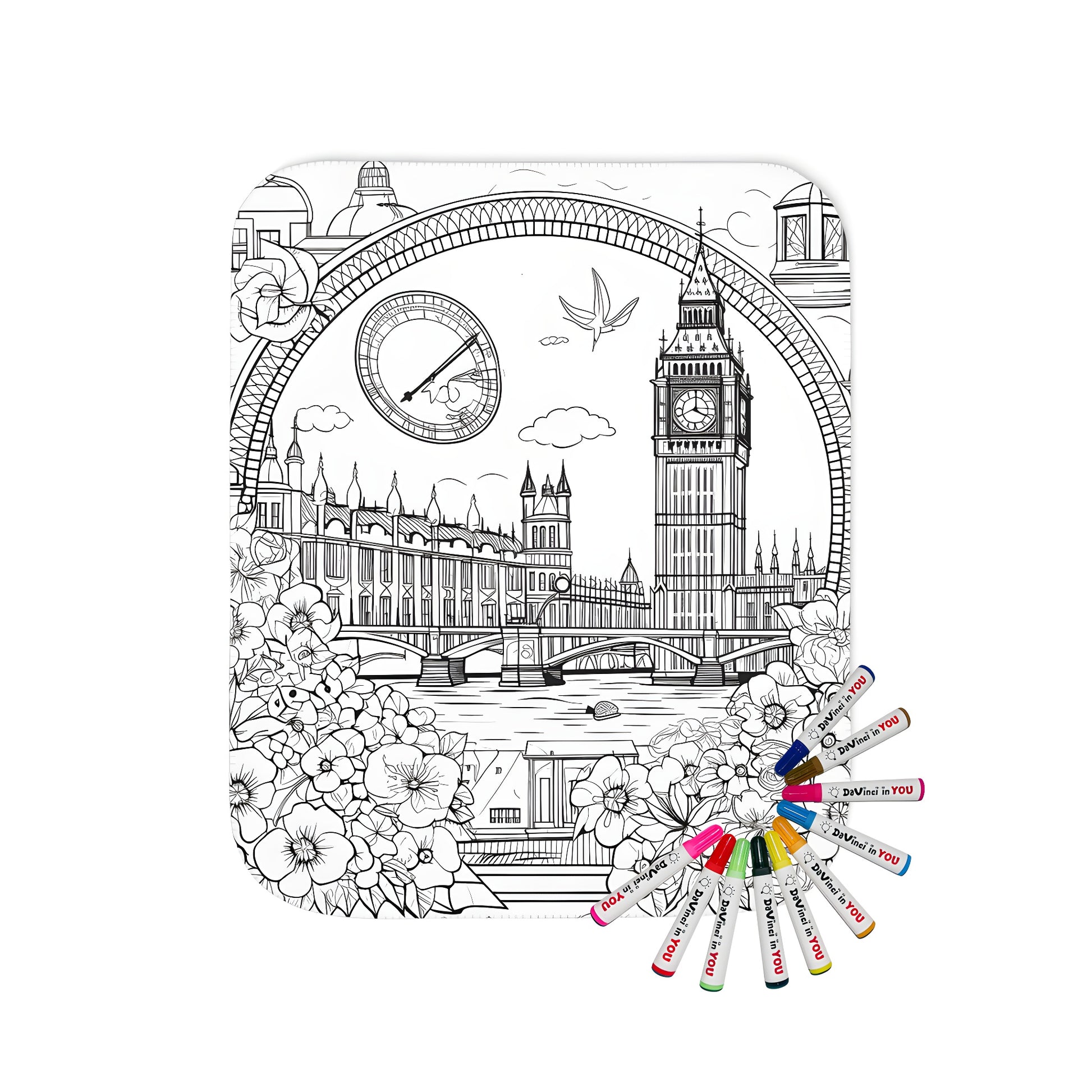 Blanket featuring a line drawing of the iconic Elizabeth Tower (also known as Big Ben) and the Houses of Parliament in London, with a bridge over a river and surrounded by flowers and architectural details.