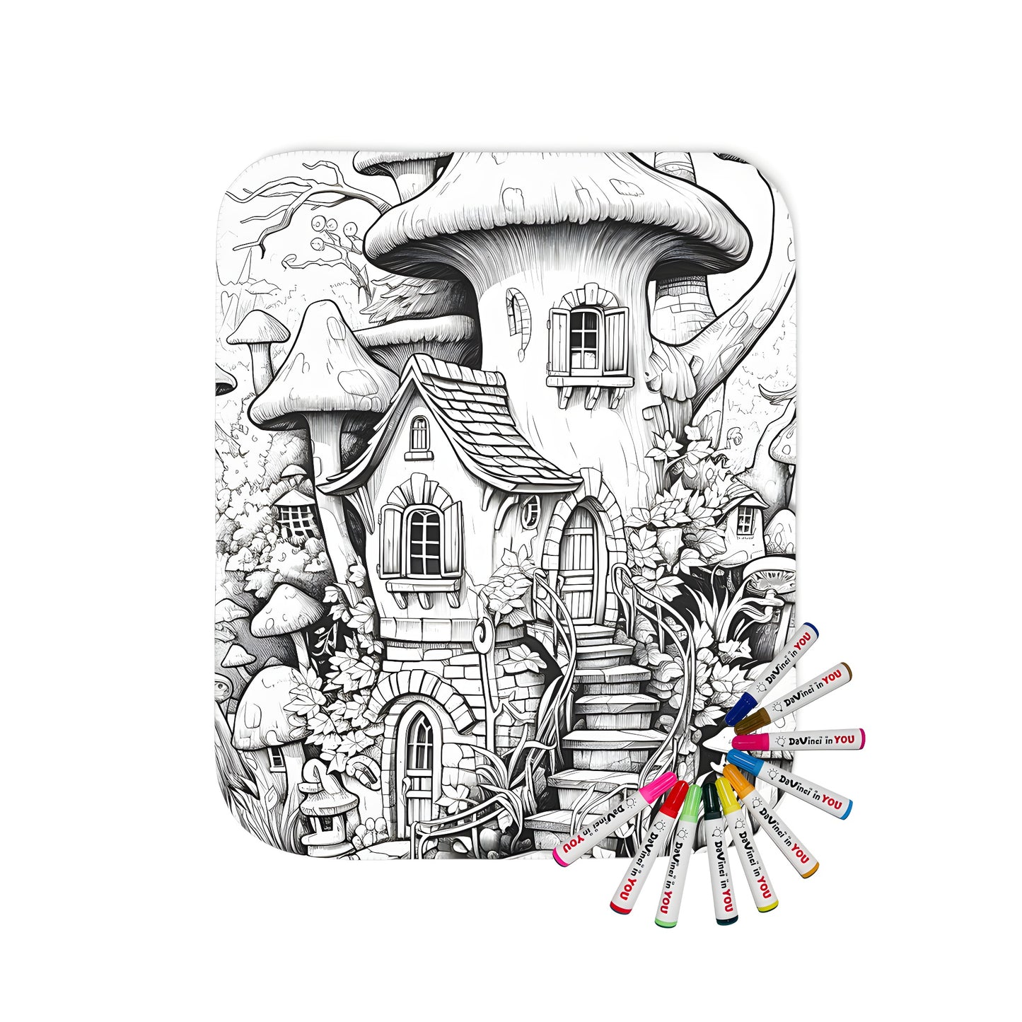 Whimsical fantasy blanket with a detailed illustration of a mushroom house and surrounding plants