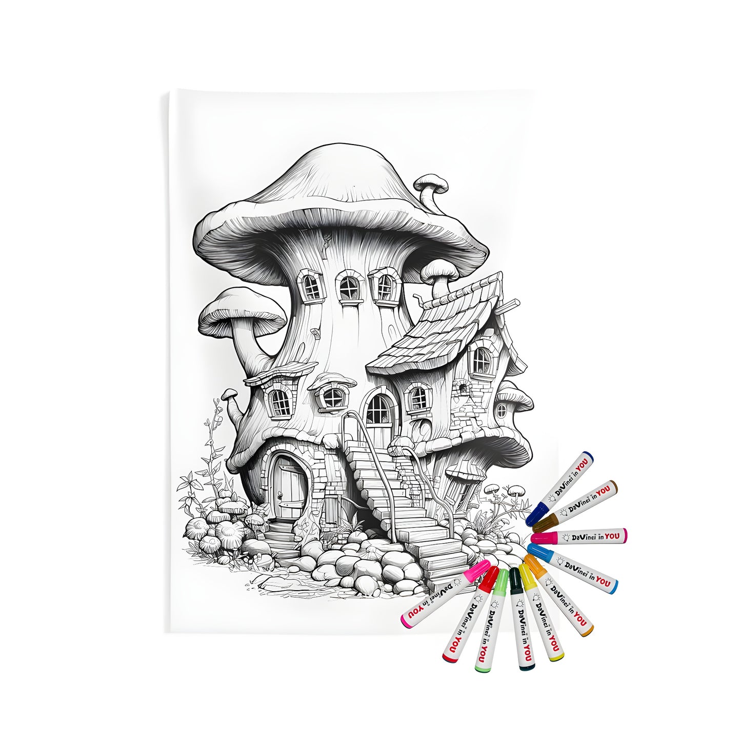 Fantasy mushroom house wall hanging, whimsical home decor indoor tapestry with 10 fabric markers for adult coloring kit