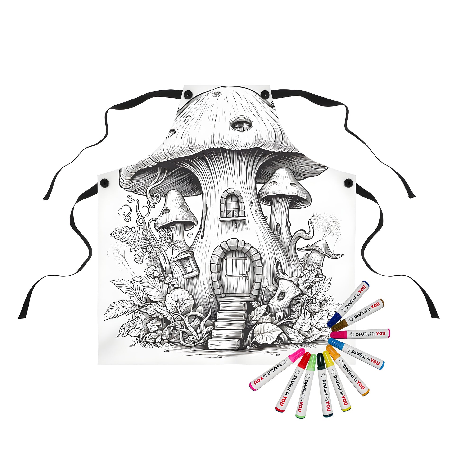 Whimsical apron with mushroom house illustration