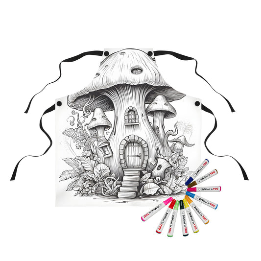 Whimsical apron with mushroom house illustration