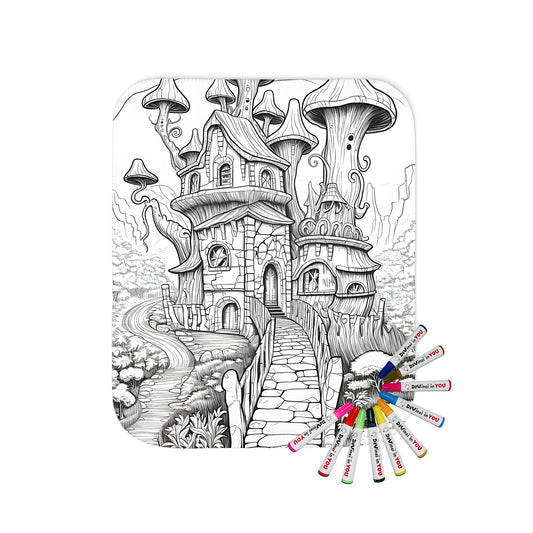 Fantasy mushroom house blanket with intricate black-and-white illustration of stone walkway and wooded area