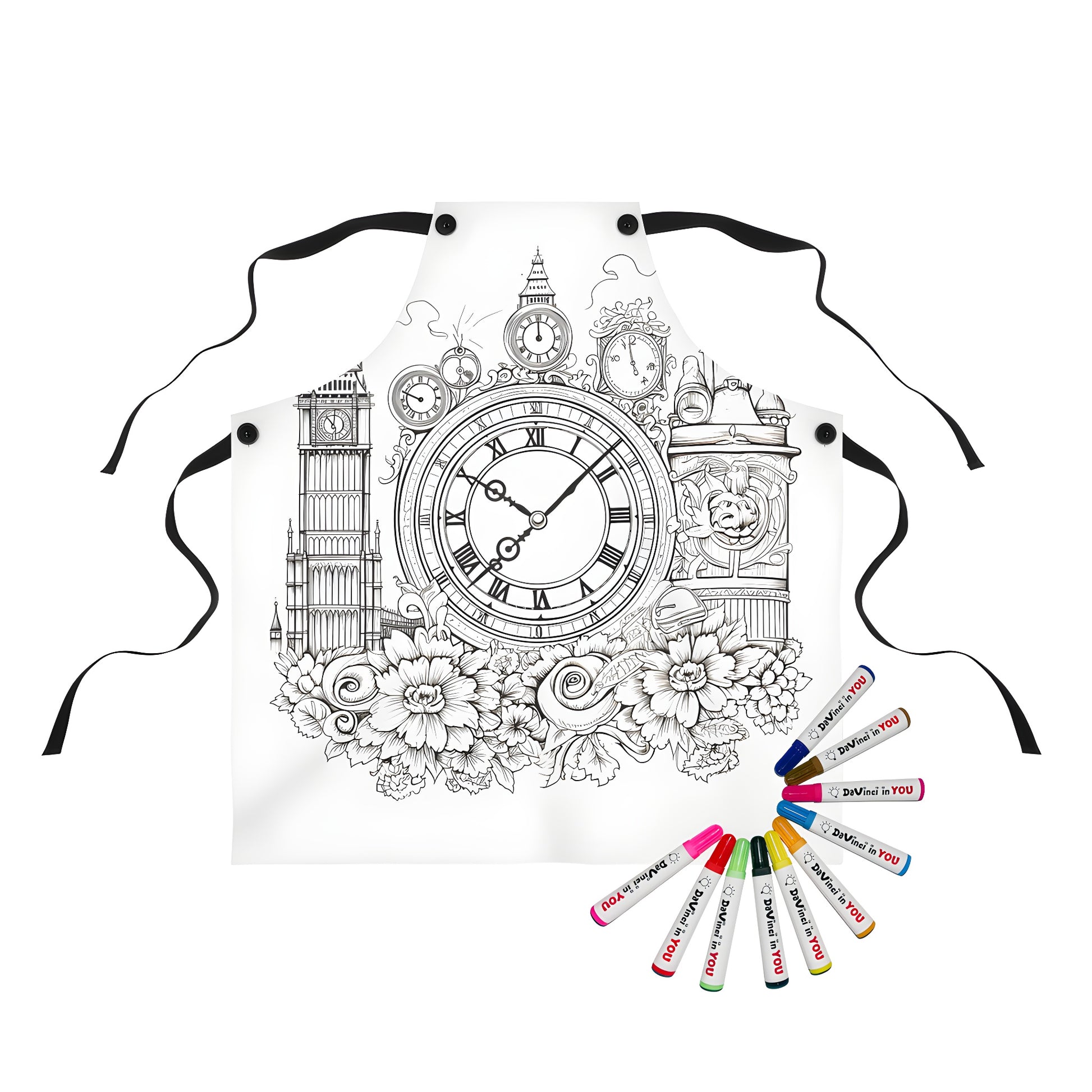 Colorful apron featuring an illustration of multiple clocks, Big Ben tower, and ornate flowers