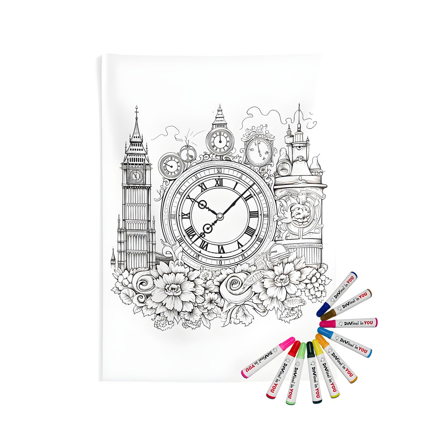 Indoor Wall Tapestries for home decor, featuring a detailed black and white drawing of multiple timepieces, iconic London landmarks like Big Ben tower, and beautiful floral patterns