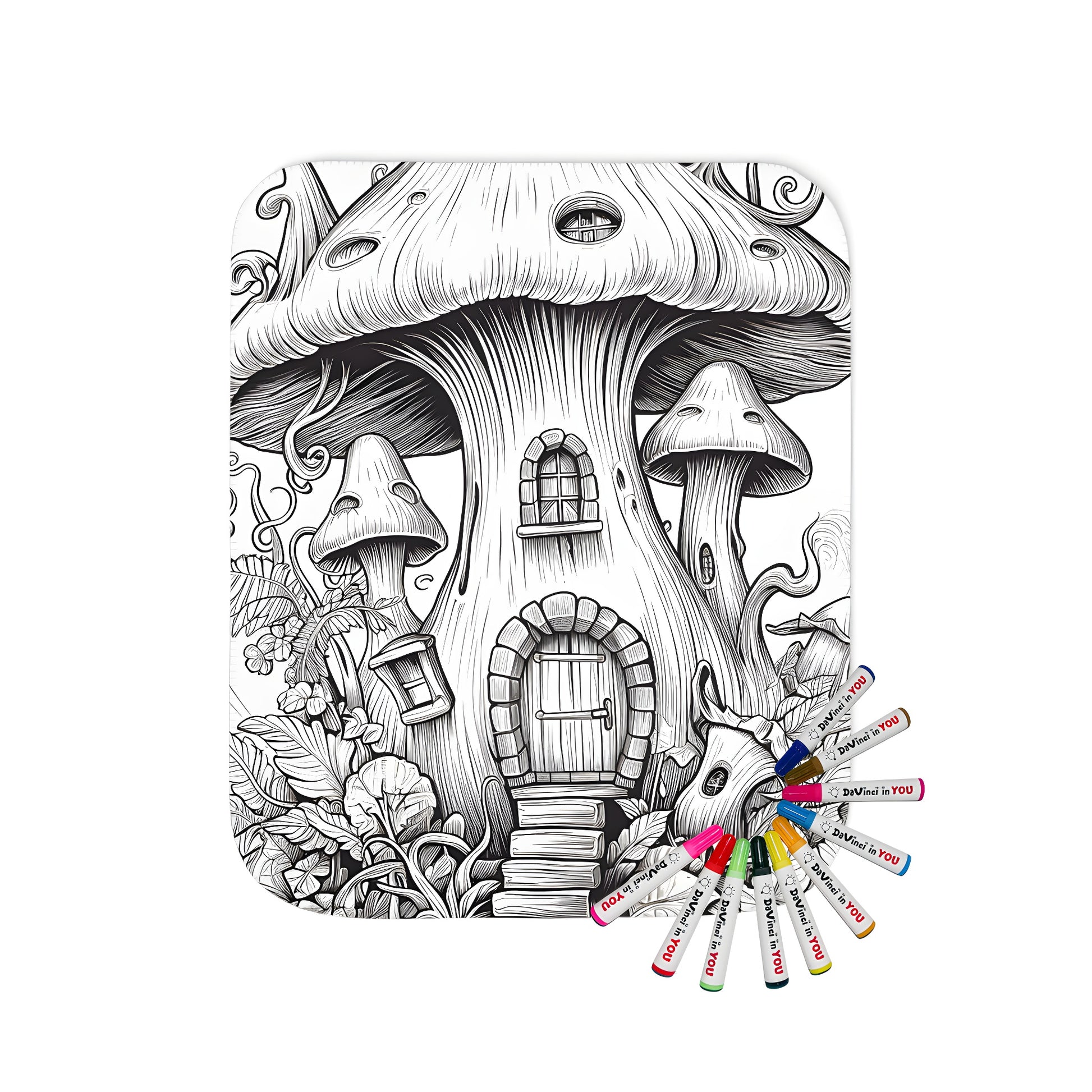 A whimsical mushroom cap inspired blanket with intricate foliage details, featuring an arched entrance and tiny windows. Perfect for nature lovers and fans of fantasy art